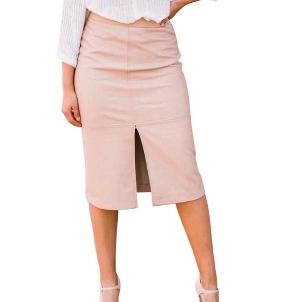 Allie Rose Faux Leather Pencil Skirt Women Size L Beige Midi Career Work